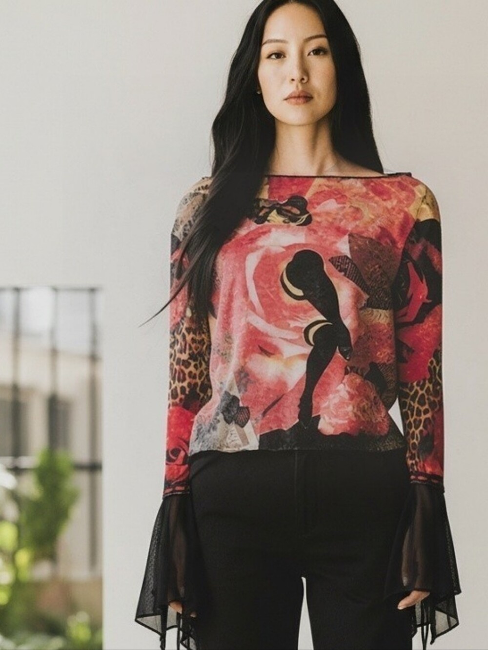 Vintage Y2K Love Amour Whimsigoth Mesh Bell Sleeve Rose Leopard Graphic Top L/S